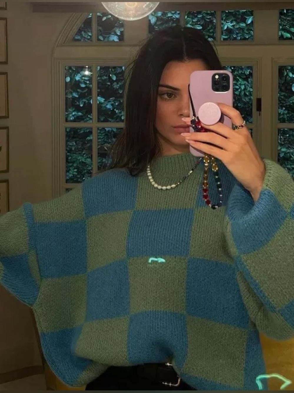 Checkerboard Knit Sweater in Teal and Olive